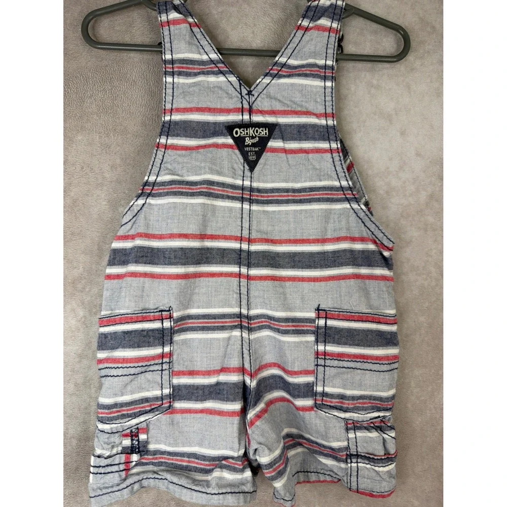 OshKosh B'gosh Overalls Kids 12M Blue Red White Striped Cotton Vestbak Shortalls